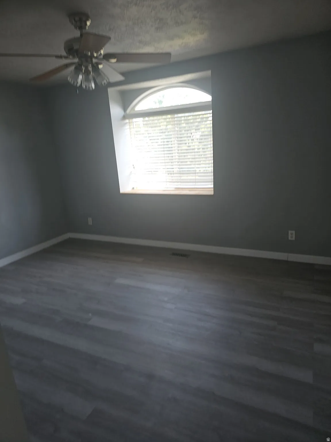 Wood-finish flooring, ceiling fan with light fixture, and arched window with blinds