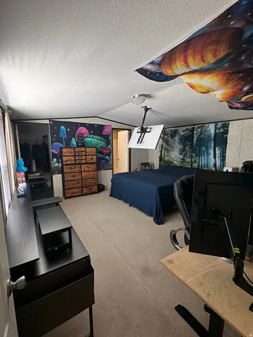 Carpeted room featuring a ceiling-mounted light fixture and a window with blinds