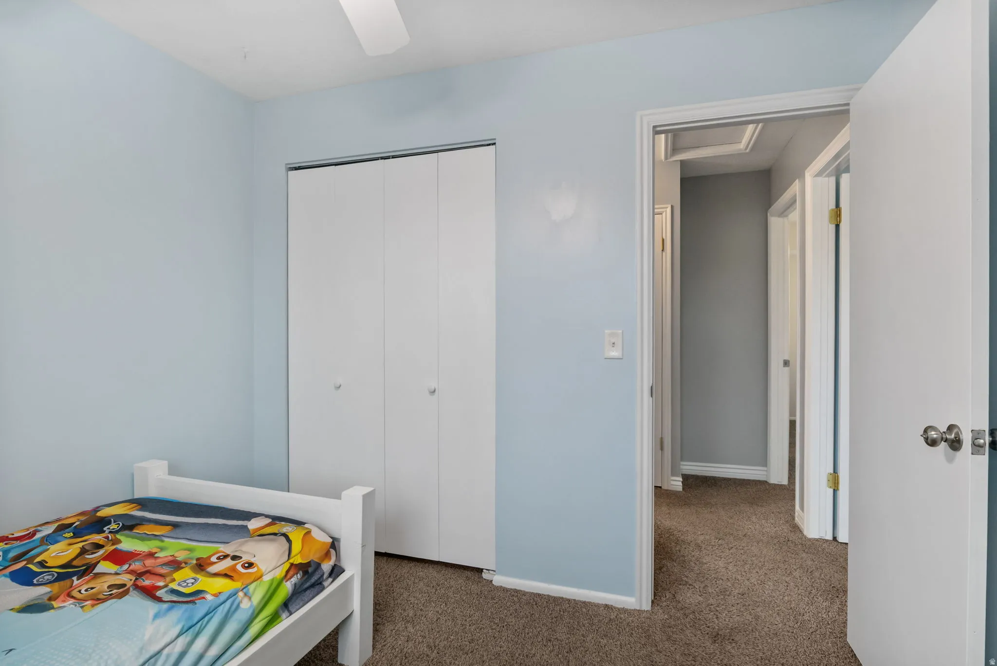 Light blue painted walls, brown carpet flooring, white bi-fold closet doors, white ceiling fan, and white trim