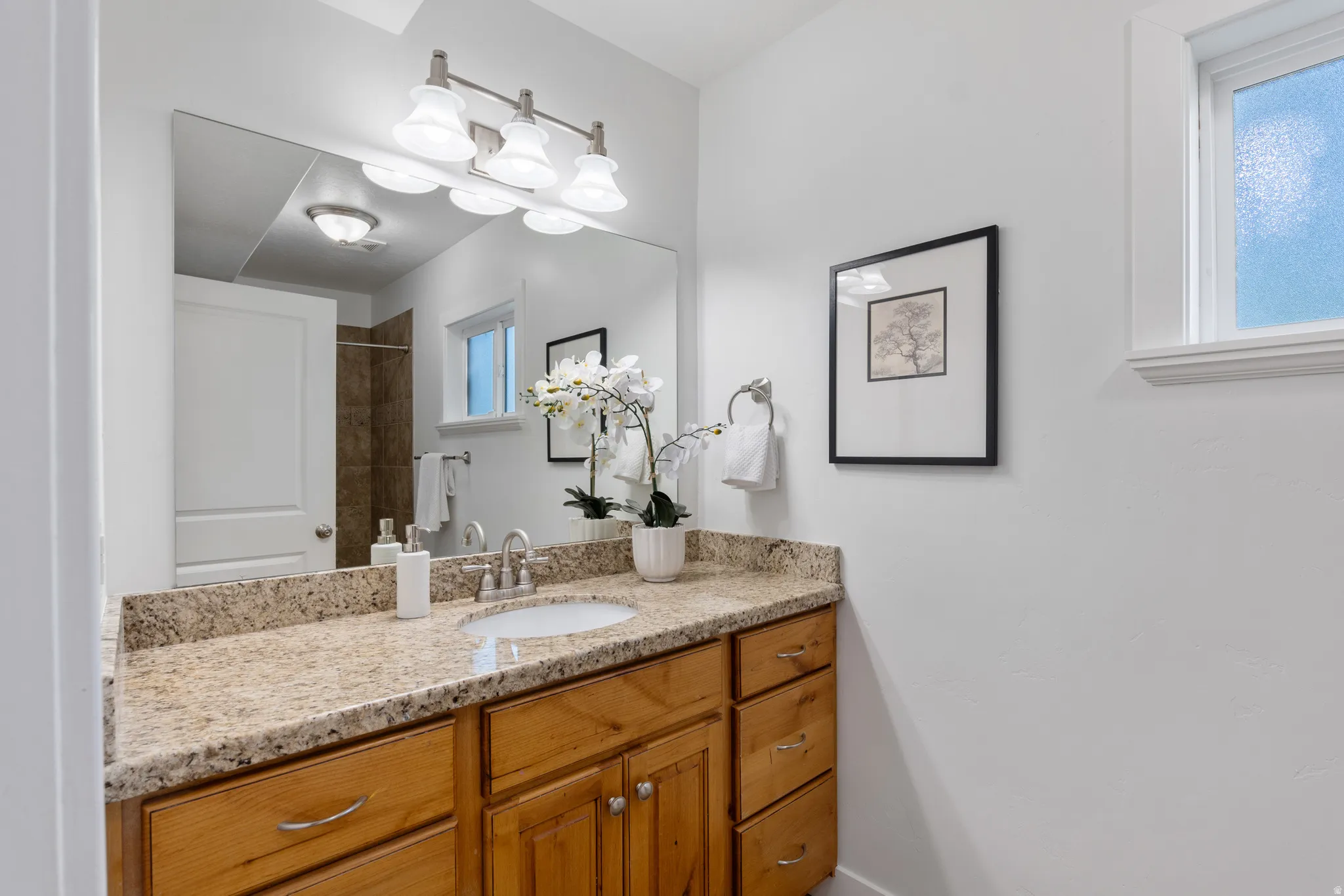 Bathroom vanity featuring a light-toned stone countertop, an integrated sink, and wood cabinetry with multiple drawers and doors