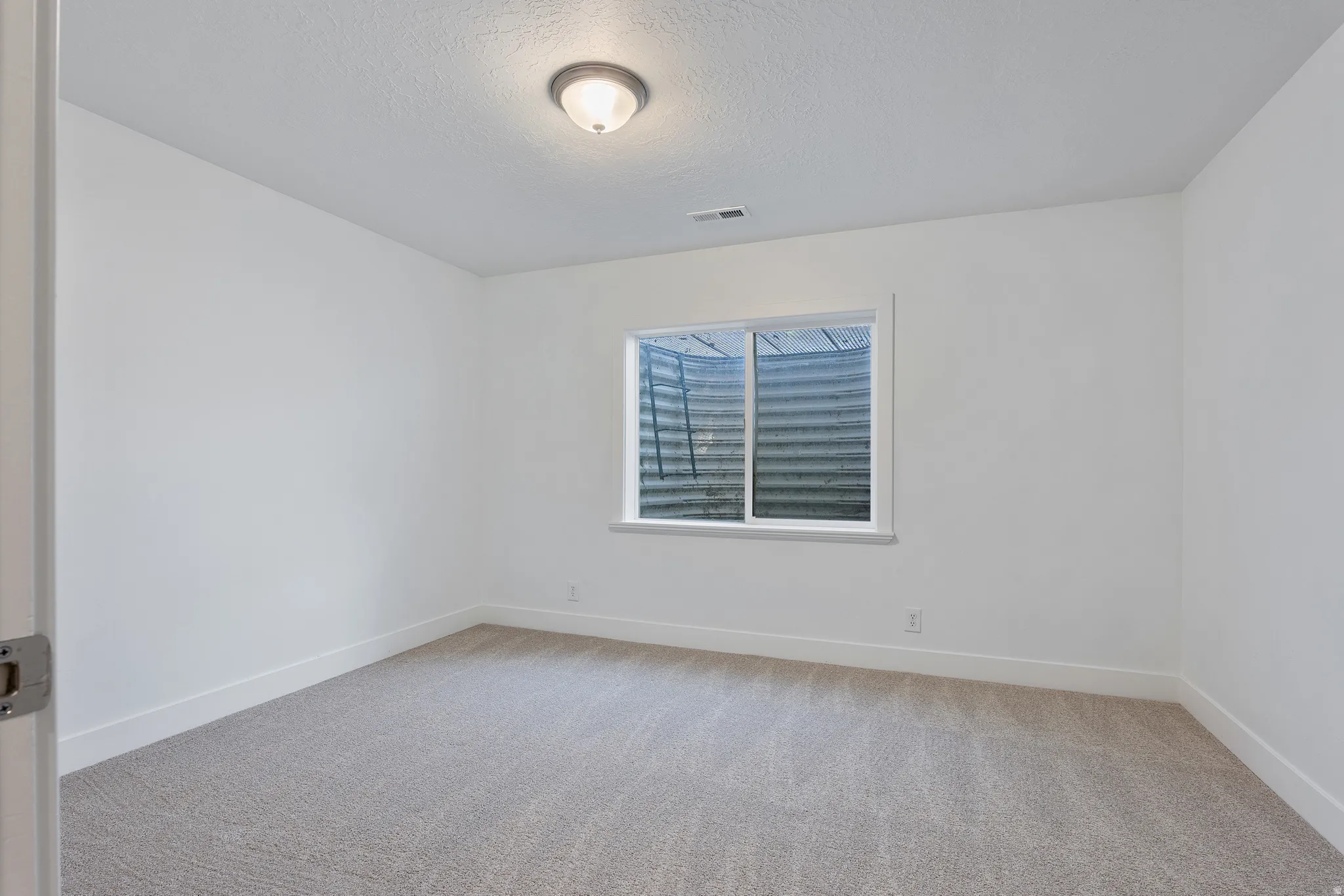 Spacious room featuring neutral carpeting, white baseboards, a single window, and a flush-mount ceiling light fixture