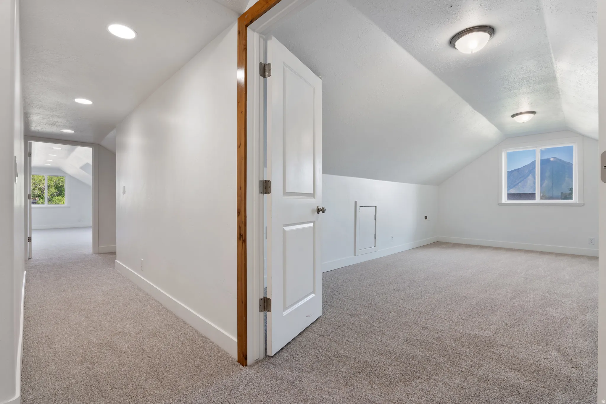 Spacious carpeted room featuring a sloped ceiling, recessed lighting, and a prominent window