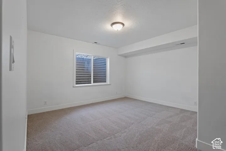 Carpeted room with a recessed window featuring a window well
