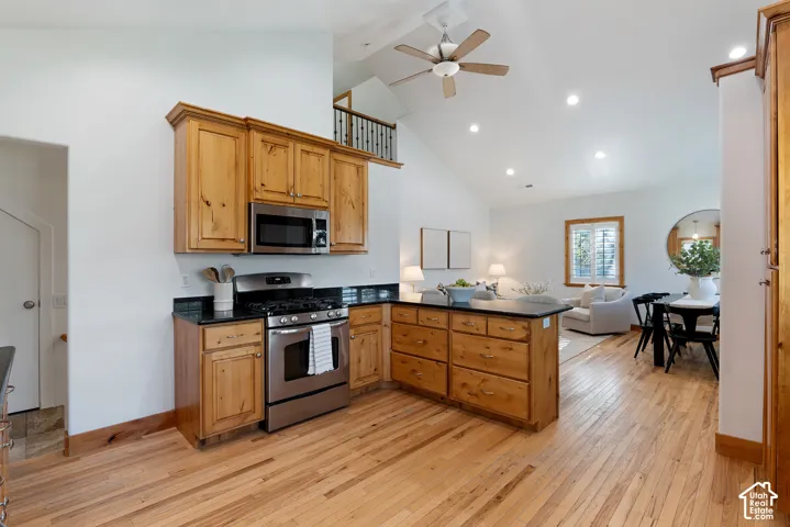 Kitchen featuring natural wood cabinetry, stainless steel appliances, black countertops, and a wood-finish floor