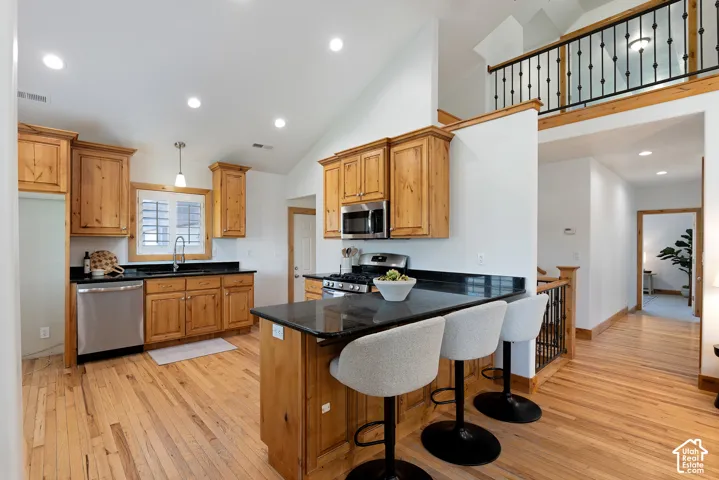 Open-concept kitchen featuring wood cabinetry, stainless steel appliances, dark countertops, and wood-finish flooring