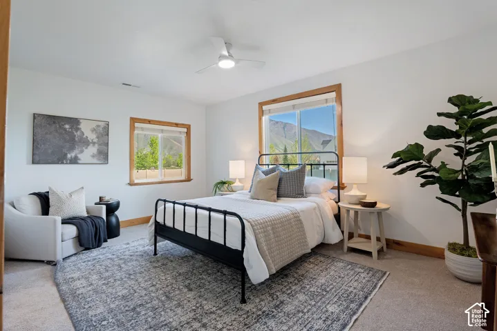 Bright room featuring two windows with natural wood trim, a ceiling fan with integrated lighting, and neutral carpet flooring