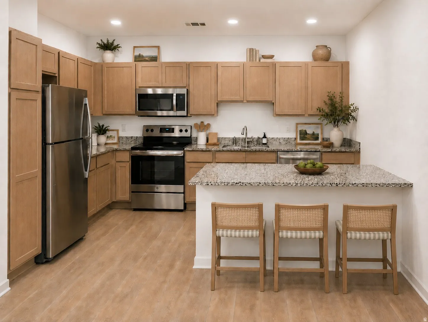 Rendering of kitchen layout and design finishes.