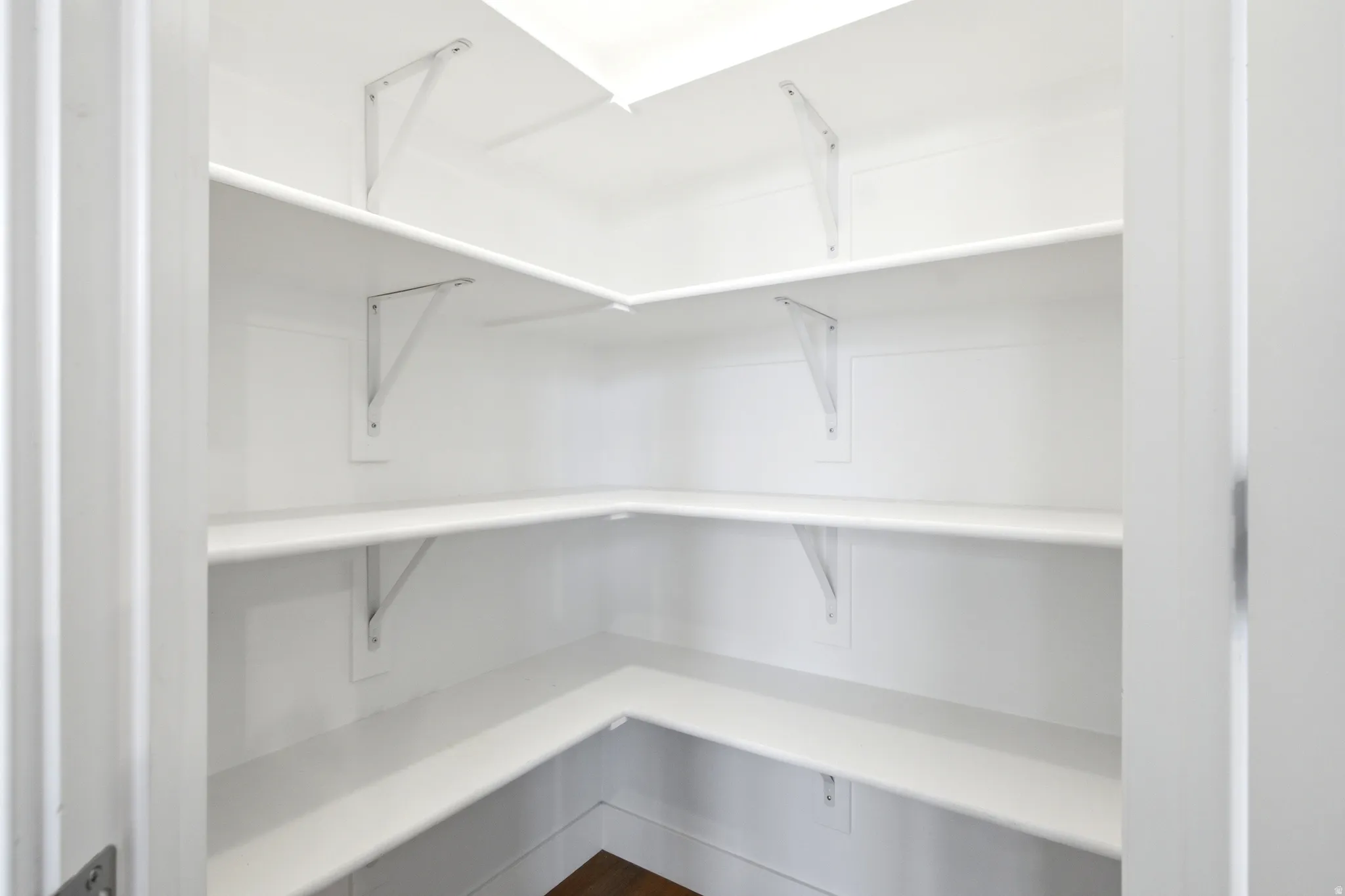 Spacious walk-in pantry featuring multiple levels of white shelving, corner shelving units, and a bright interior finish