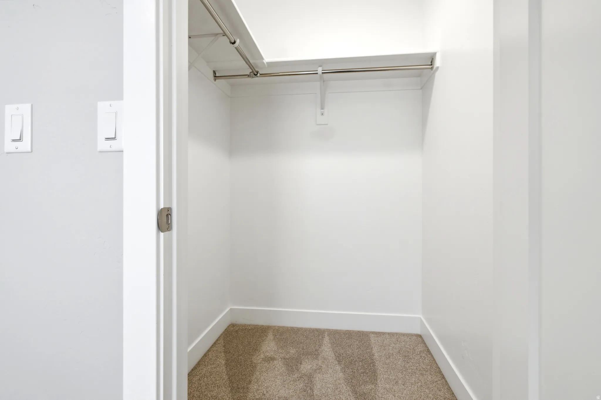 Recessed closet featuring an upper shelf and hanging rod, light-toned carpeting, and white baseboards