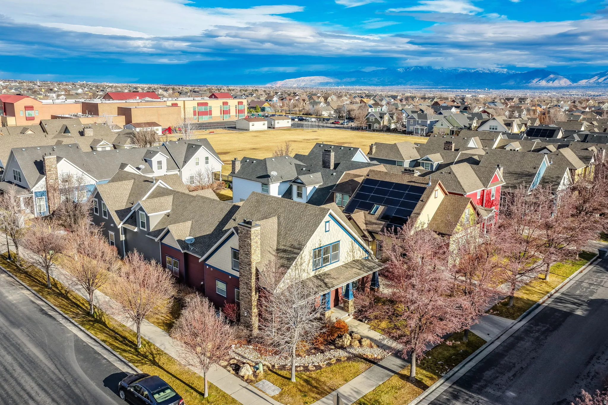 Aerial perspective of a neighborhood with diverse housing styles