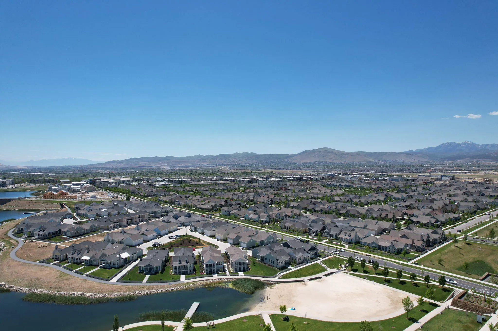 Aerial perspective showcasing a residential community with varied architectural styles