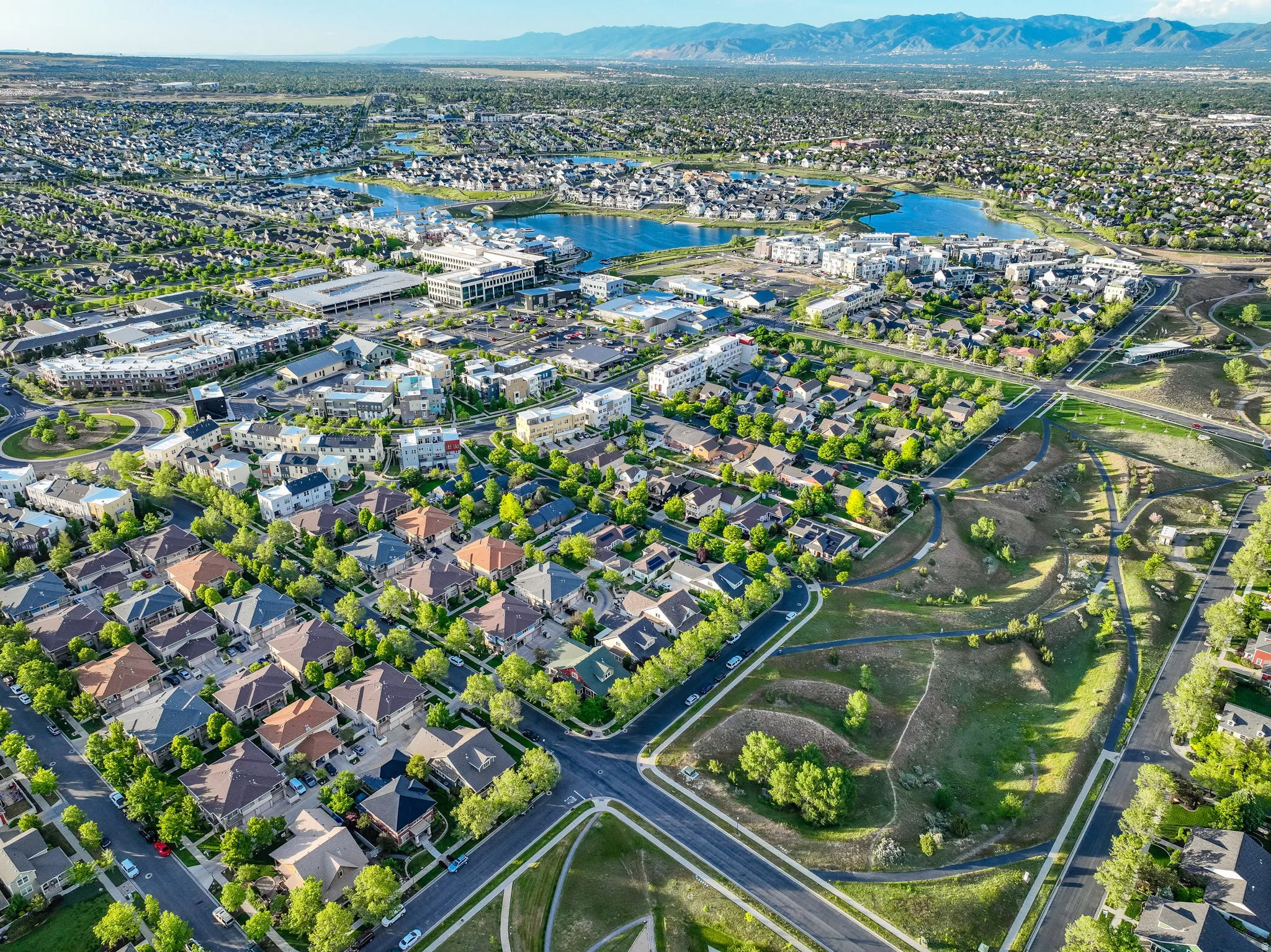Aerial perspective showcasing a residential area with diverse architectural styles