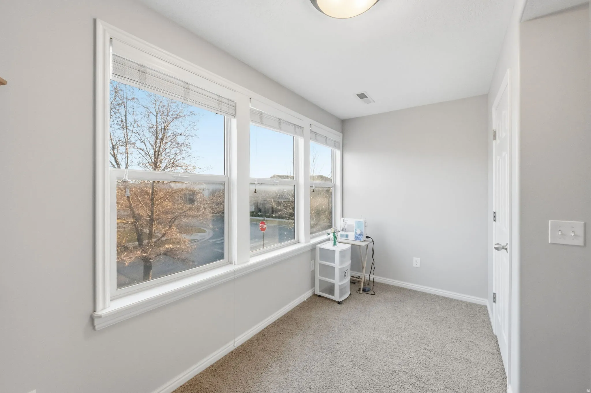 Room featuring a three-panel window with white trim, gray wall paint, and gray carpet flooring
