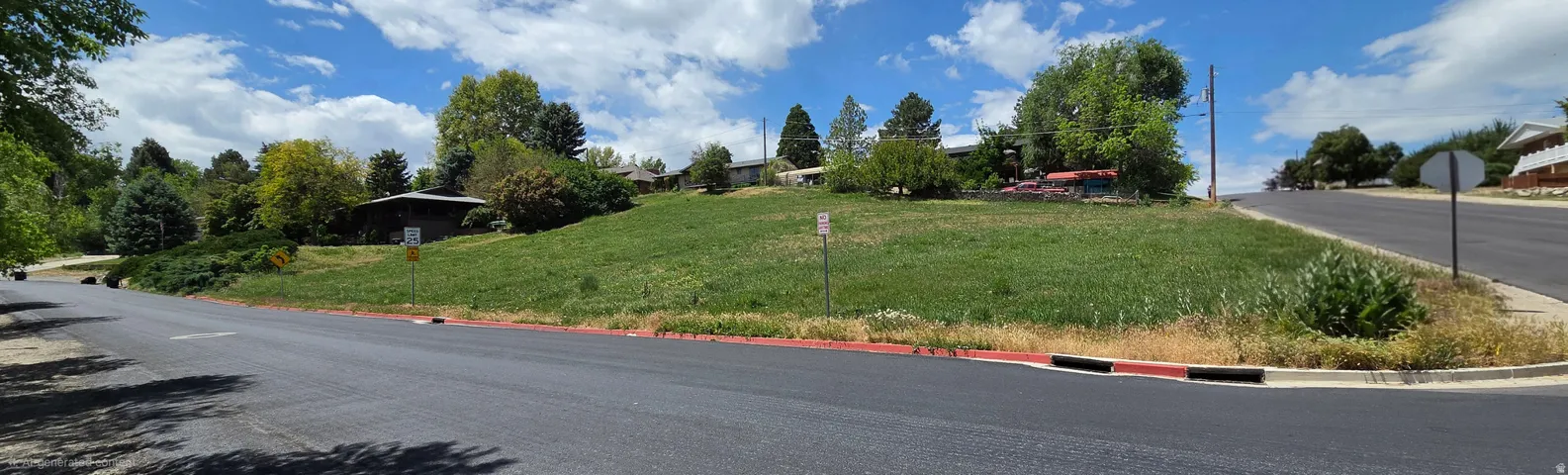 Expansive grass lot bordered by a paved road and curb