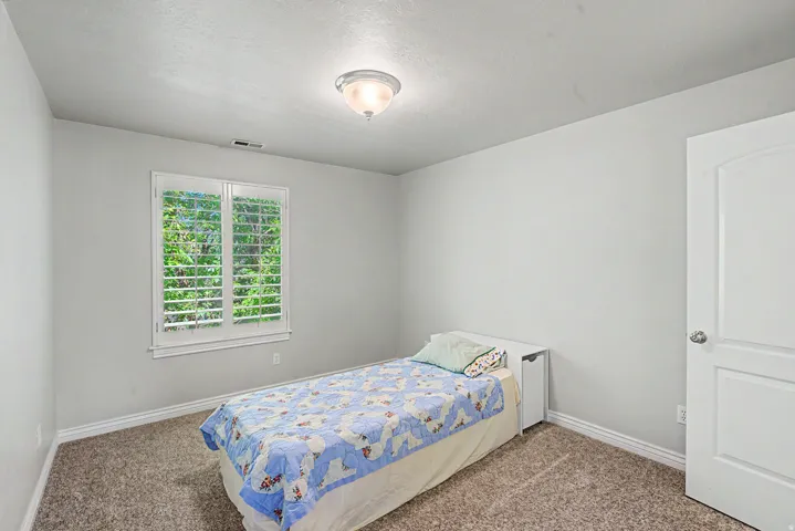 Carpeted room featuring a window with white plantation shutters, a white ceiling light fixture, and a white interior door with an arched panel