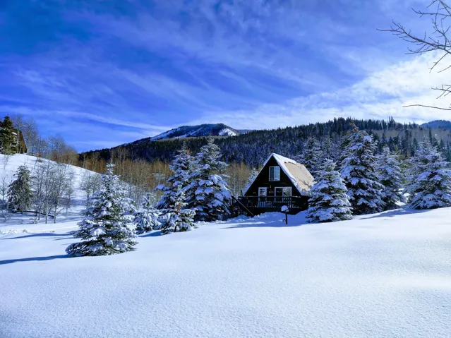 A-frame structure with a pitched roof, dark exterior siding, and multiple windows
