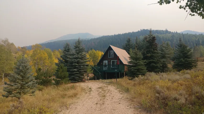 A-frame style residence with a natural wood-finish exterior, a raised green deck, and a rust-colored roof
