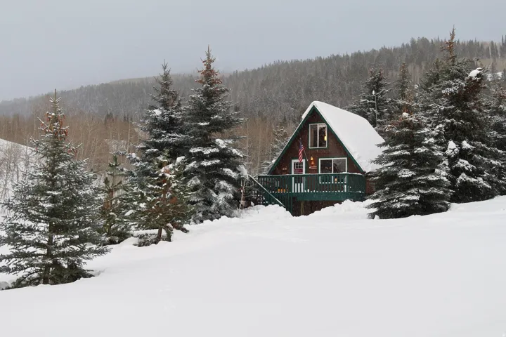 A-frame style residence featuring a dark wood exterior, a steep-pitched roof, and a green-painted deck with railings