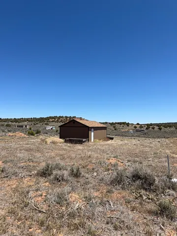 Brown metal outbuilding with a single white door and a brown shingle roof, set on a natural ground surface with sparse vegetation