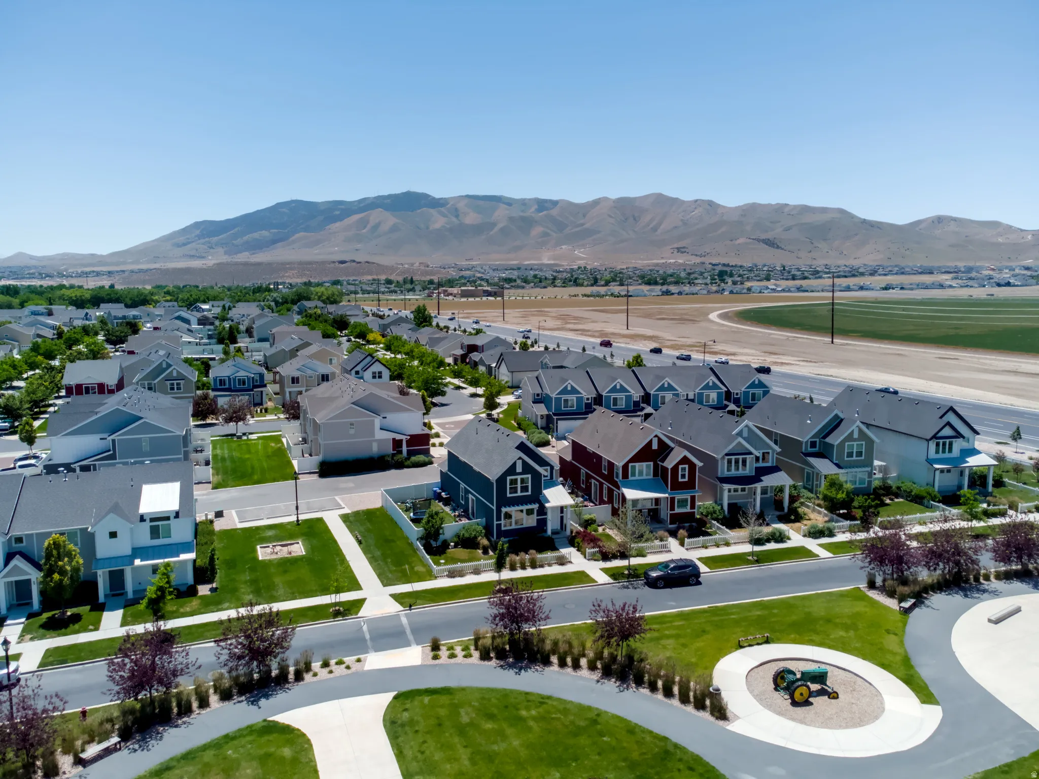 Aerial view of a residential community with varied architectural styles