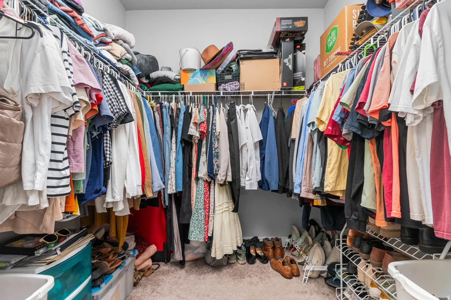 Walk-in closet featuring wire shelving, multiple hanging rods, and carpet flooring