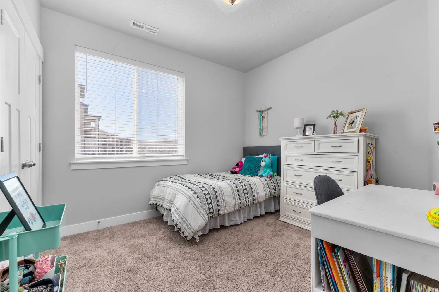 Neutral wall paint, light brown carpet flooring, and a single window with blinds