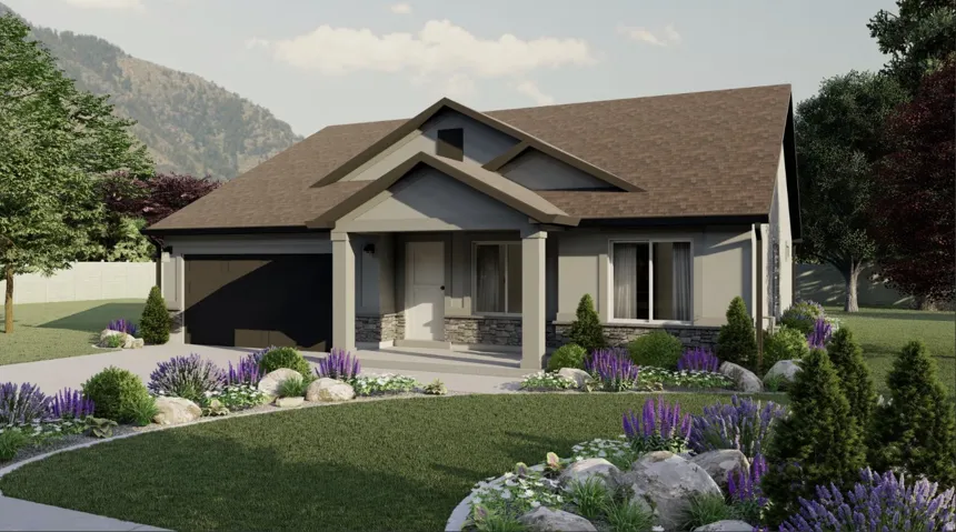 Contemporary ranch-style residence featuring a dark asphalt shingle roof