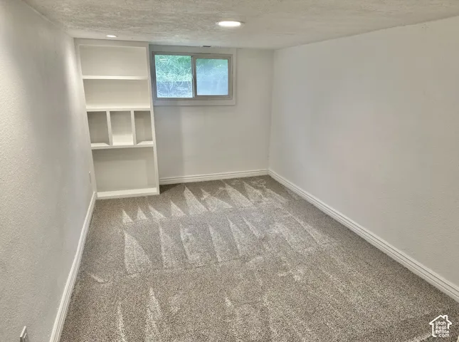 Recessed lighting illuminates a room featuring light-toned carpet, white baseboards, and a built-in shelving unit with varied cubby sizes