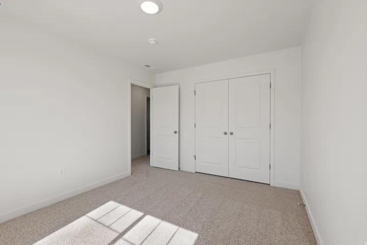 Neutral-toned carpeting paired with white walls, baseboards, and trim