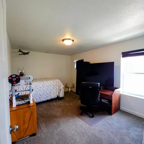 Spacious room featuring neutral carpeting, white walls, a single window with blinds, and a flush-mount ceiling light fixture