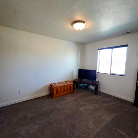 Carpeted interior space featuring a window with horizontal blinds, a ceiling-mounted light fixture, white walls, and white trim