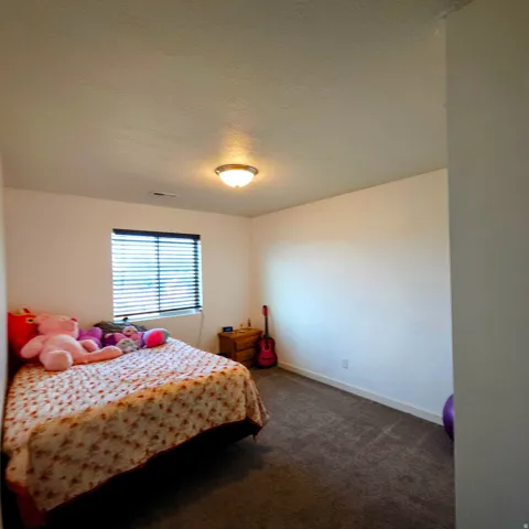 Carpeted room with a window featuring horizontal blinds