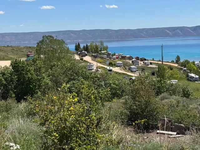 Elevated lot featuring abundant natural foliage, a scenic lake backdrop, and distant mountain ranges