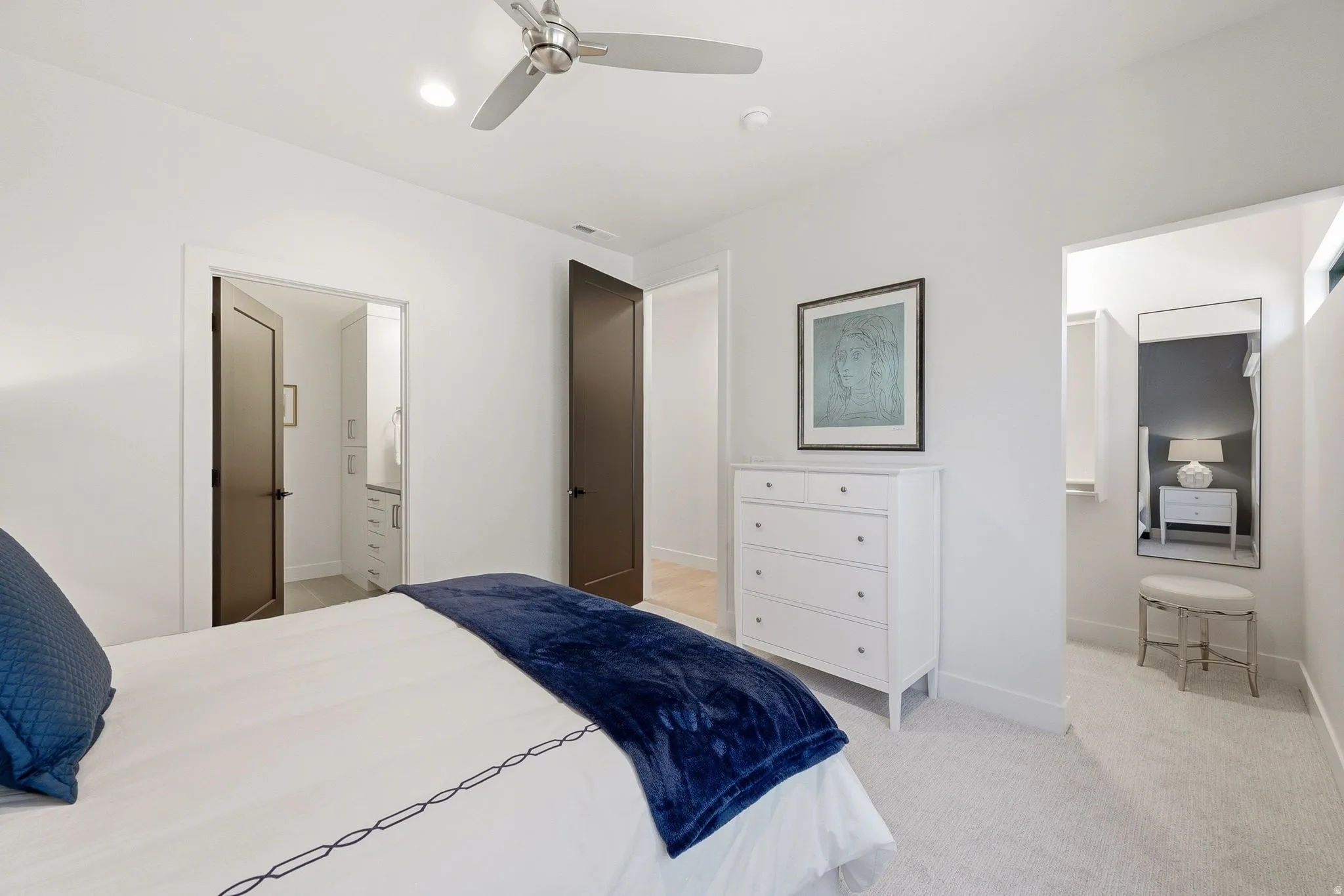 Bedroom featuring recessed lighting and a ceiling fan