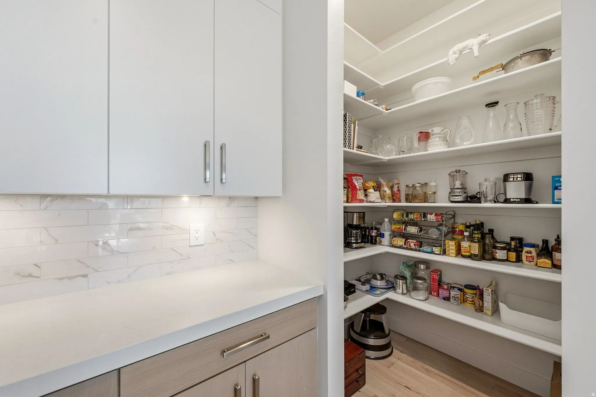 Well-appointed kitchen pantry with extensive white shelving for organized storage