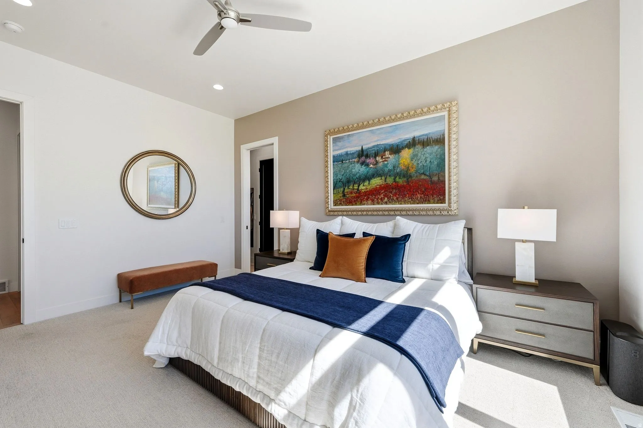 Bedroom featuring a contemporary ceiling fan, recessed lighting, and soft carpet flooring