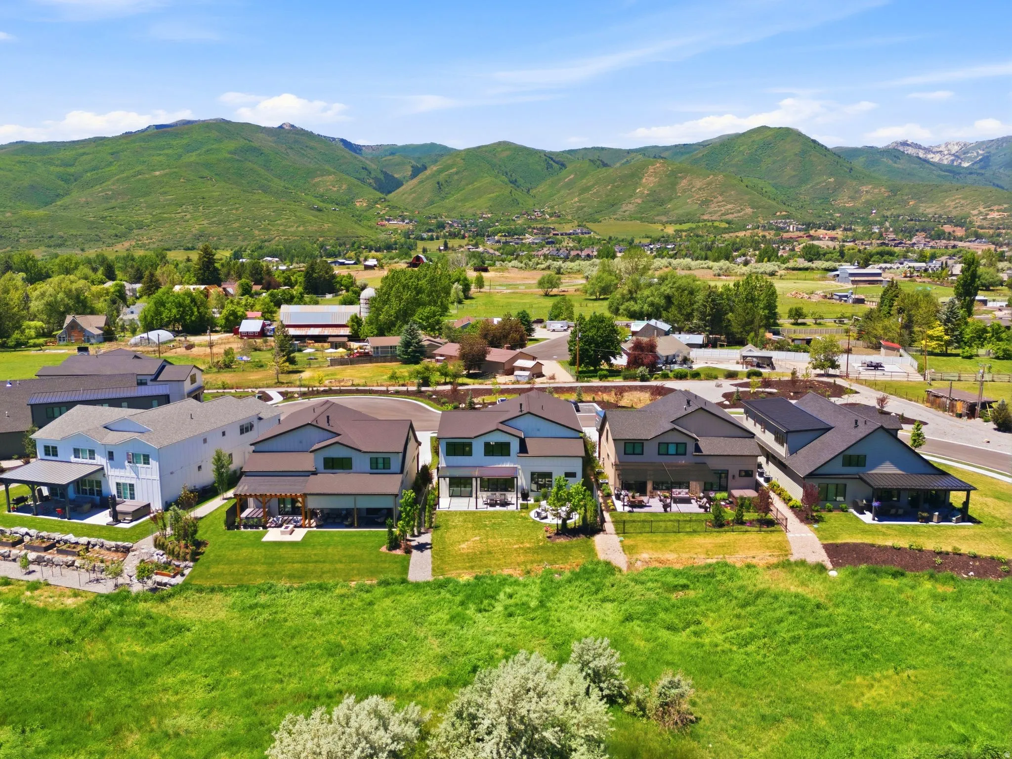 Modern residences featuring expansive green lawns and covered patios