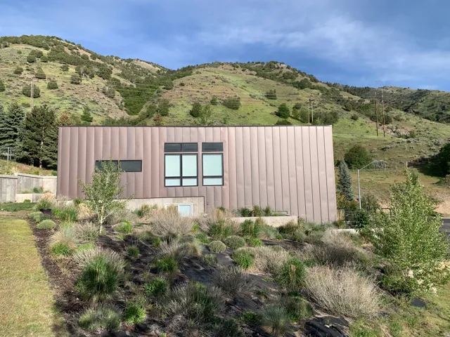 Modern-style exterior featuring vertical metal paneling, black-framed windows, and a planted hillside landscape
