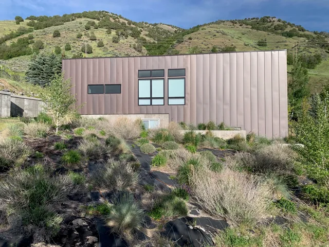 Modern architecture featuring a metal panel facade, multiple windows, and a concrete retaining wall, set against a natural hillside with varied plantings