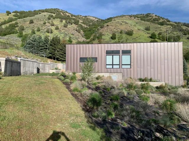 Contemporary exterior featuring vertical panel siding, multiple picture windows, and a landscaped hillside with natural plantings