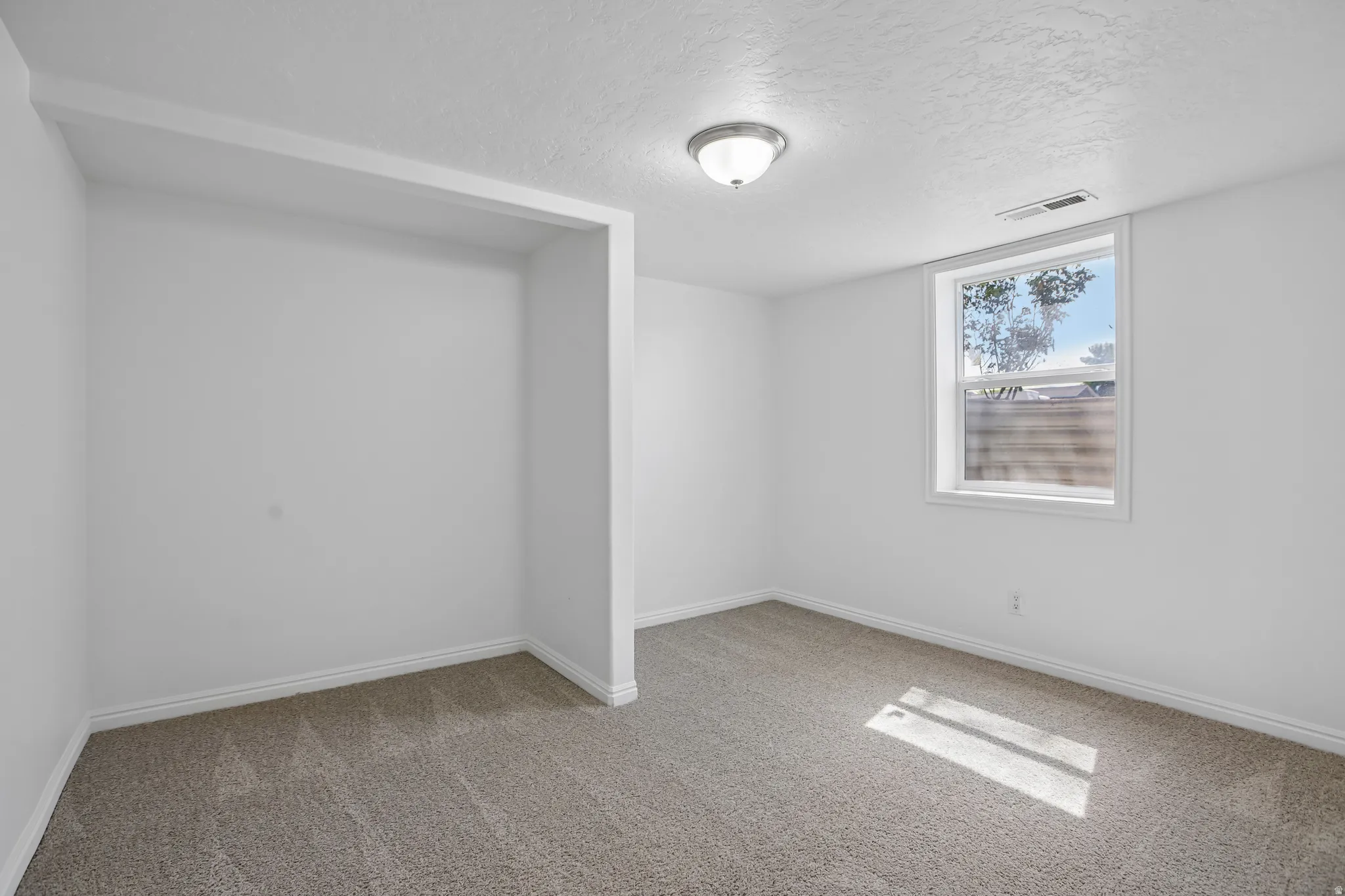 Carpeted room featuring a single window, white trim, and a built-in wall niche
