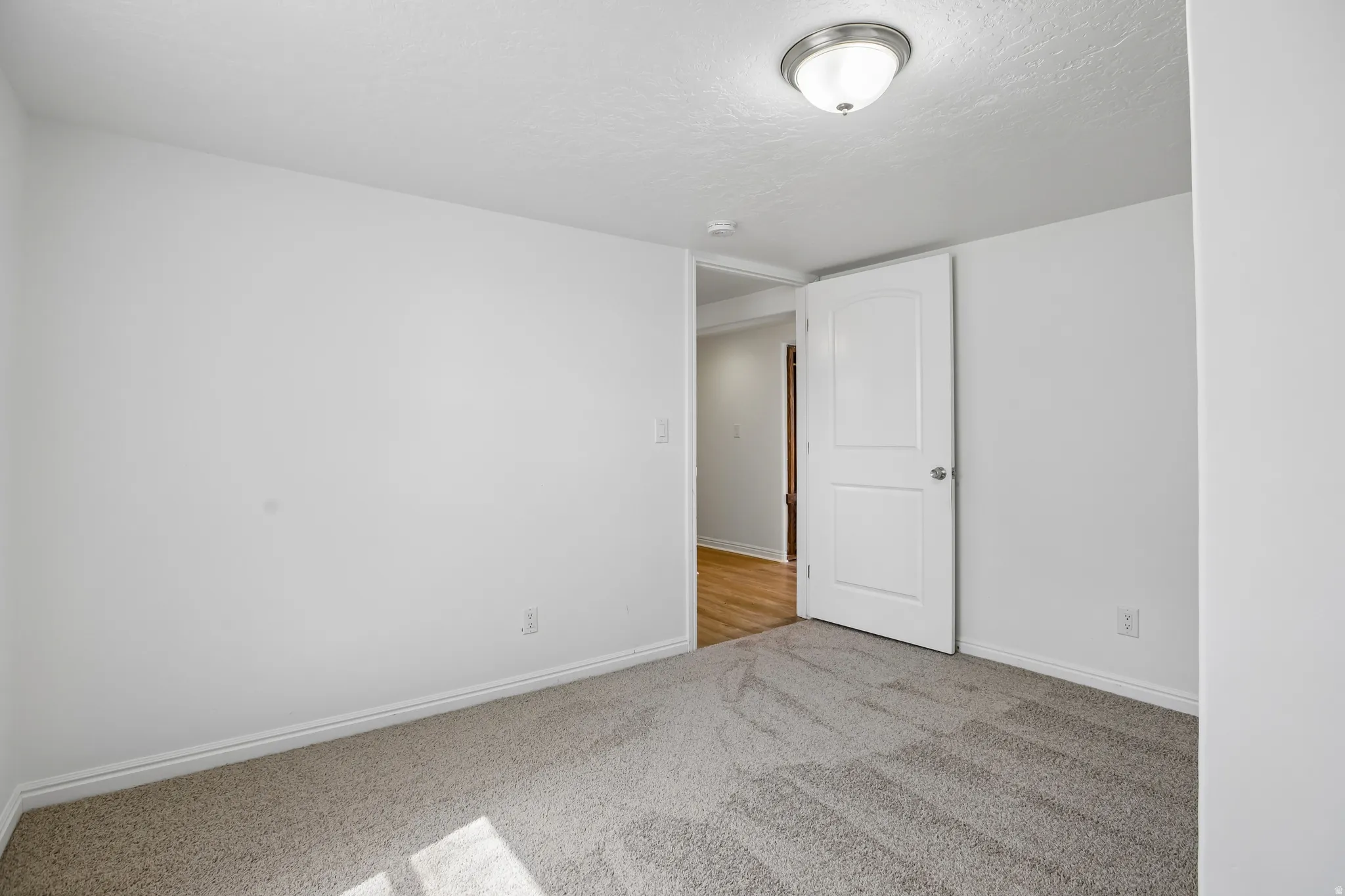 Carpeted room with white walls, a flush-mount ceiling light, and a white interior door