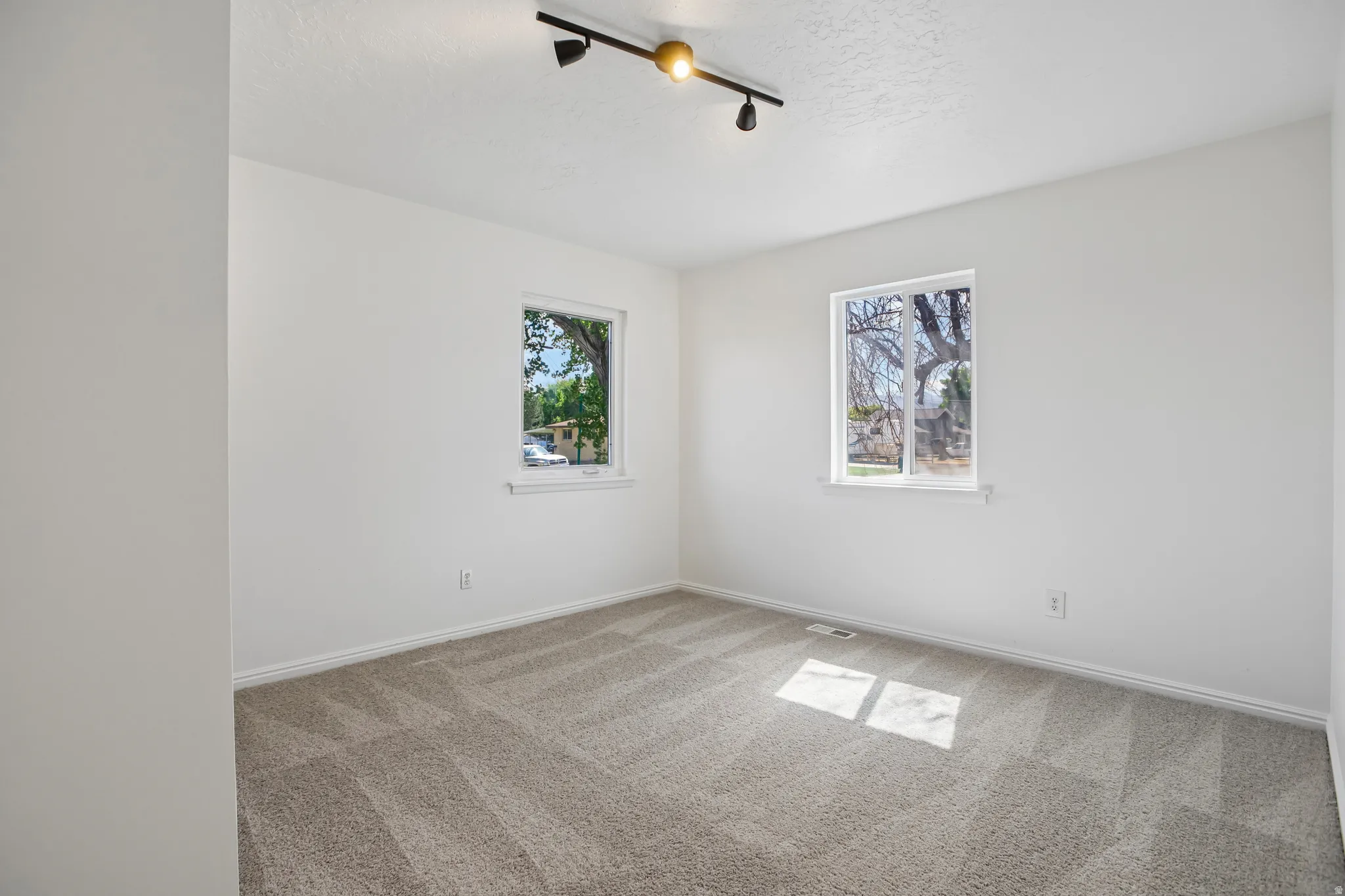 Carpeted room featuring white walls, two windows, and a track lighting fixture