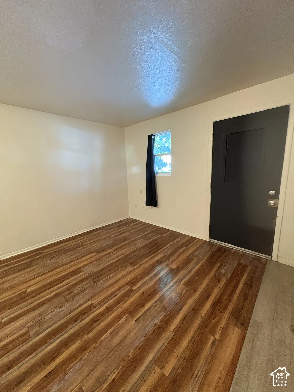 Spacious room featuring wood-finish flooring, light-toned walls, and a black paneled door