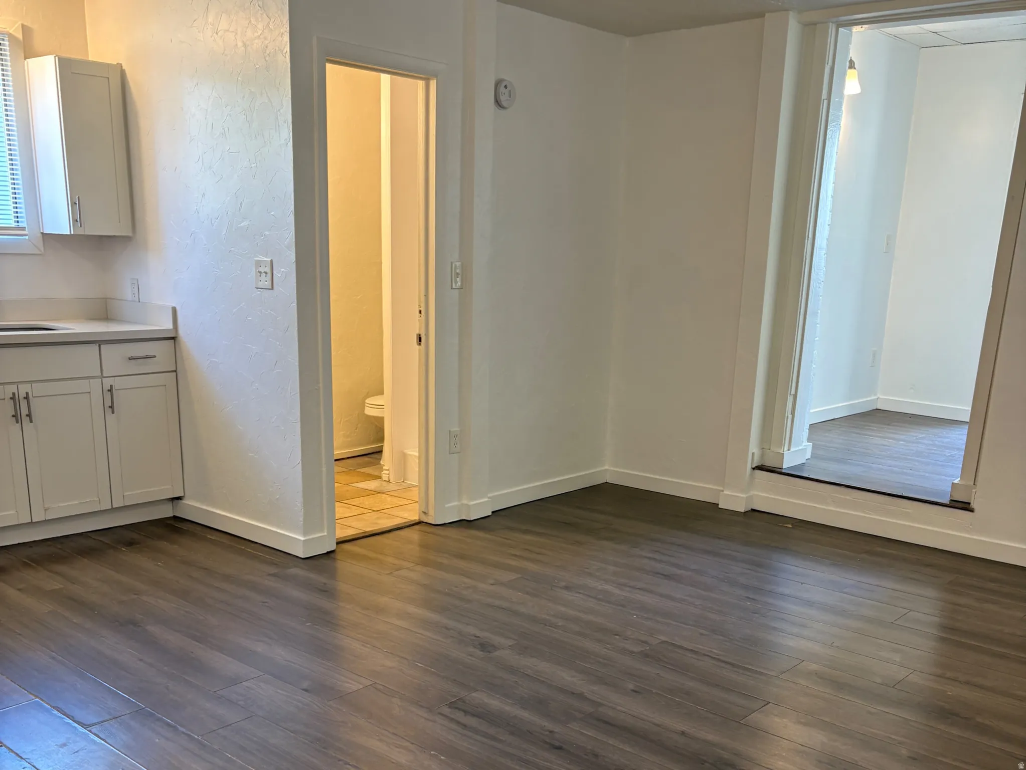 Living area featuring wood-finish flooring and white painted walls
