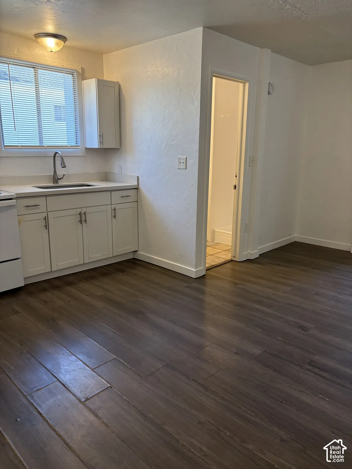 Kitchen area featuring dark wood-finish flooring, white cabinetry, light-toned countertops, and a stainless steel gooseneck faucet