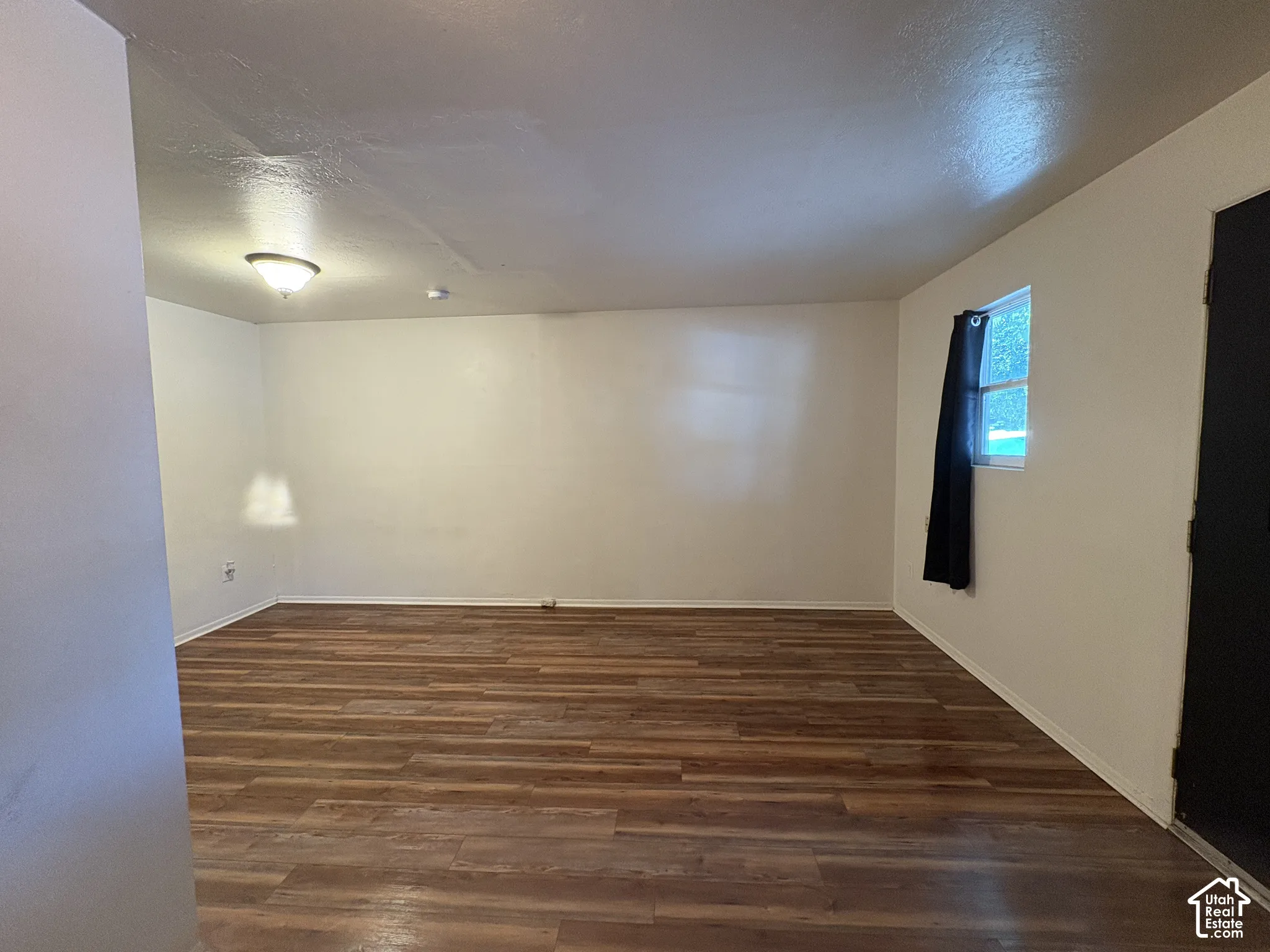 Spacious room featuring wood-finish flooring, light-toned walls, a flush-mount ceiling light, a window with natural light, and a dark-paneled door