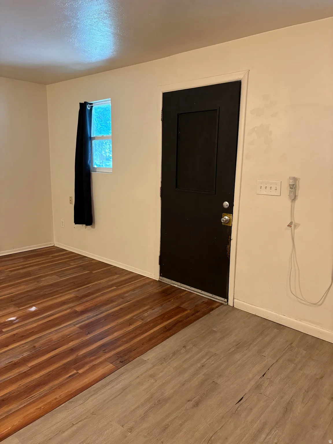Interior space featuring wood-finish flooring, a dark-paneled door, and a single window