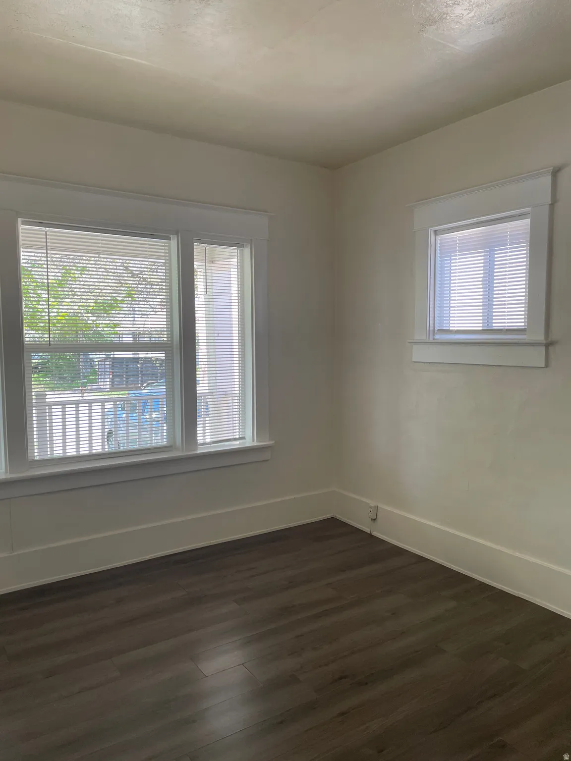 Room featuring wood-finish flooring, two windows with blinds, and white trim