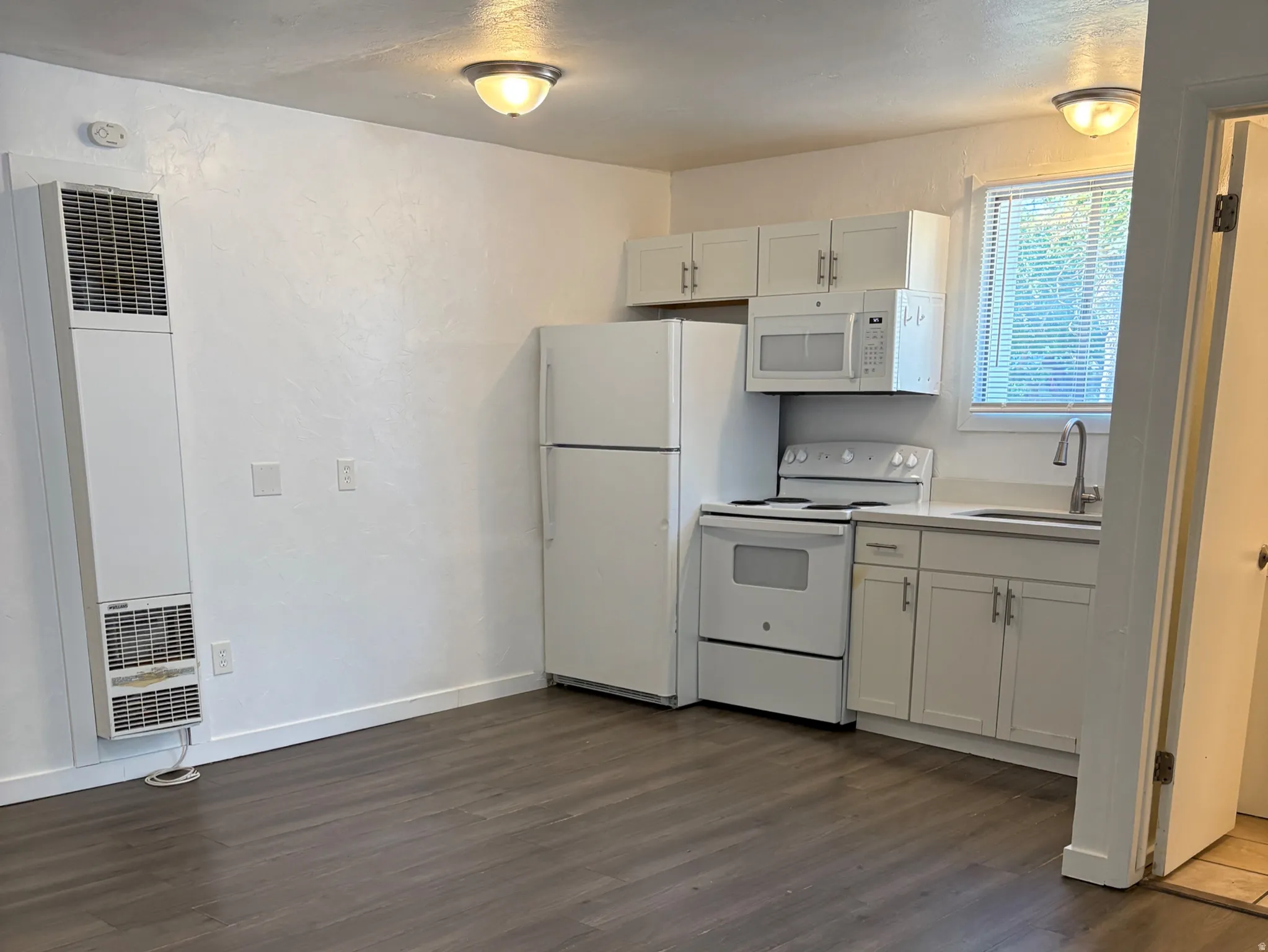 Open-concept living area with wood-finish flooring